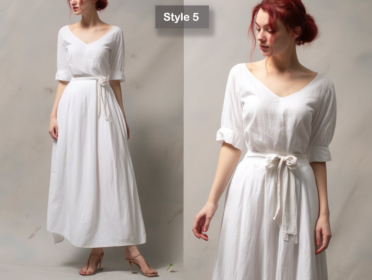 Handmade Modest White Linen Wedding Dress - Midi Summer Dress - Women's Linen Clothing | 230820A