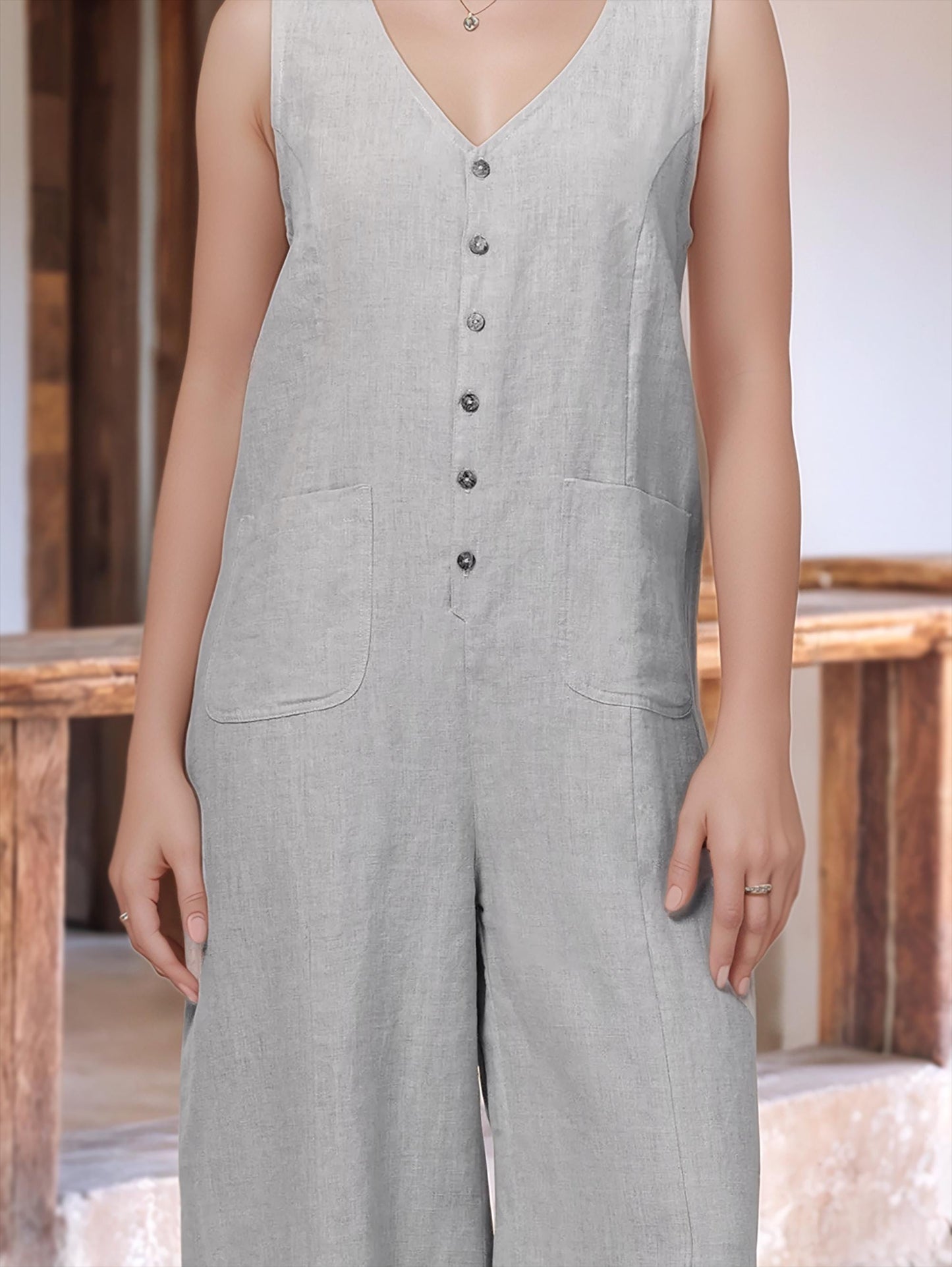Linen Wide-Leg Jumpsuit | Women’s Sleeveless Button-Down Romper | Casual Loose-Fit Overalls | SKU.25T11T7F