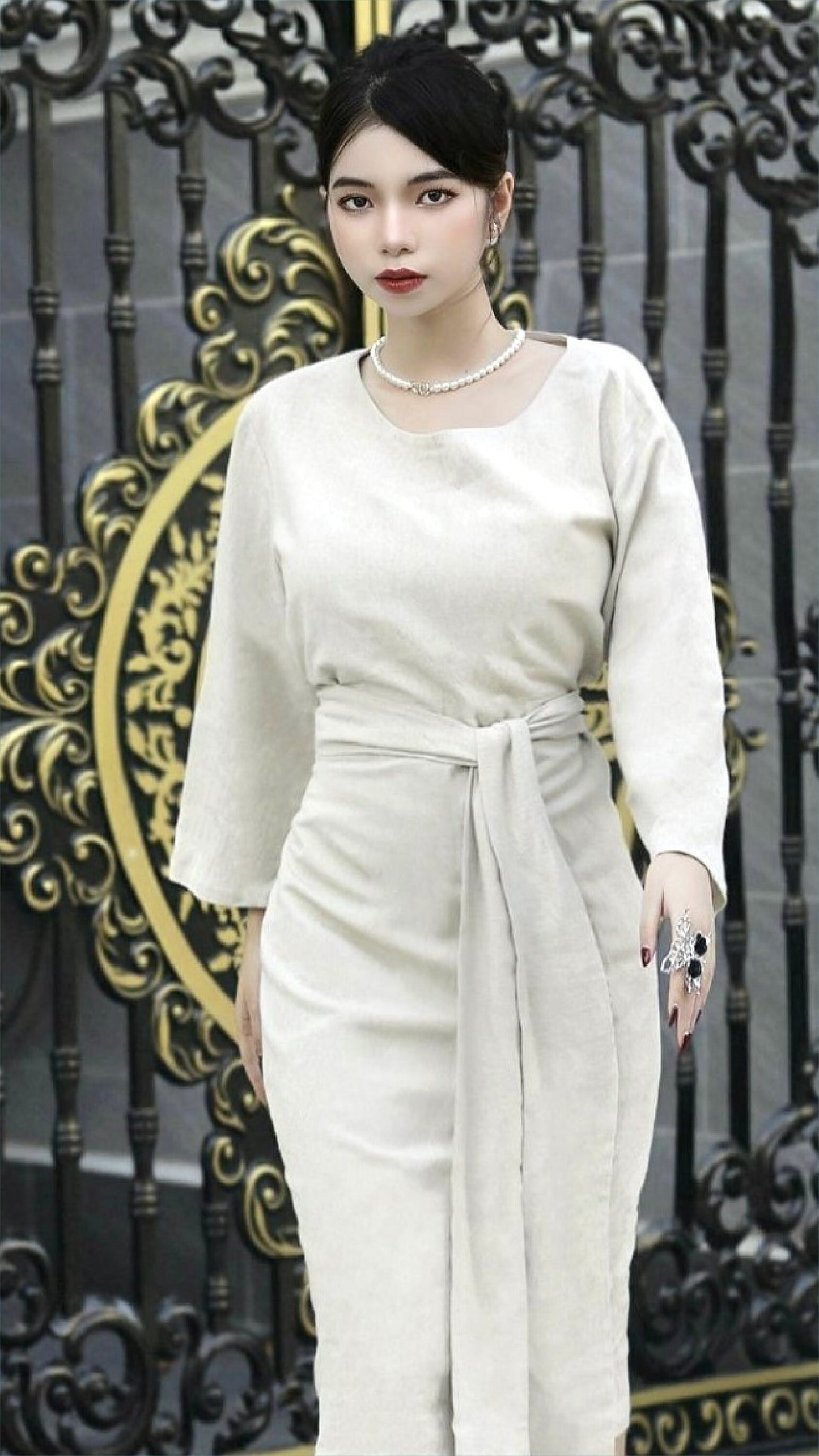 Chic Linen Midi Dress with 3/4 Sleeves, V-neck, and Customizable Features - Elevate Your Style with Personalizable Fashion | SKU.003