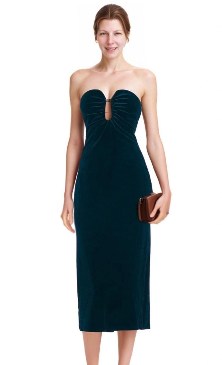 Teal Velvet Strapless Midi Dress – Elegant Sweetheart Neckline Bodycon Party Dress | SKU.24T17T5B
