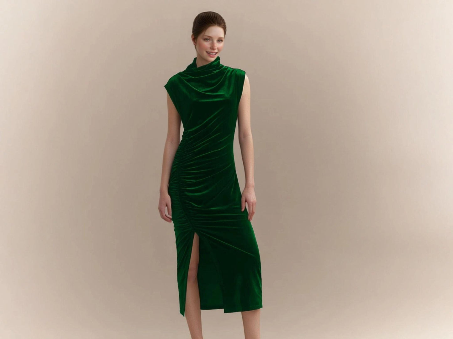 Emerald Green Velvet Midi Dress – Draped Sleeveless Gown with Side Slit | SKU.25T17T6B