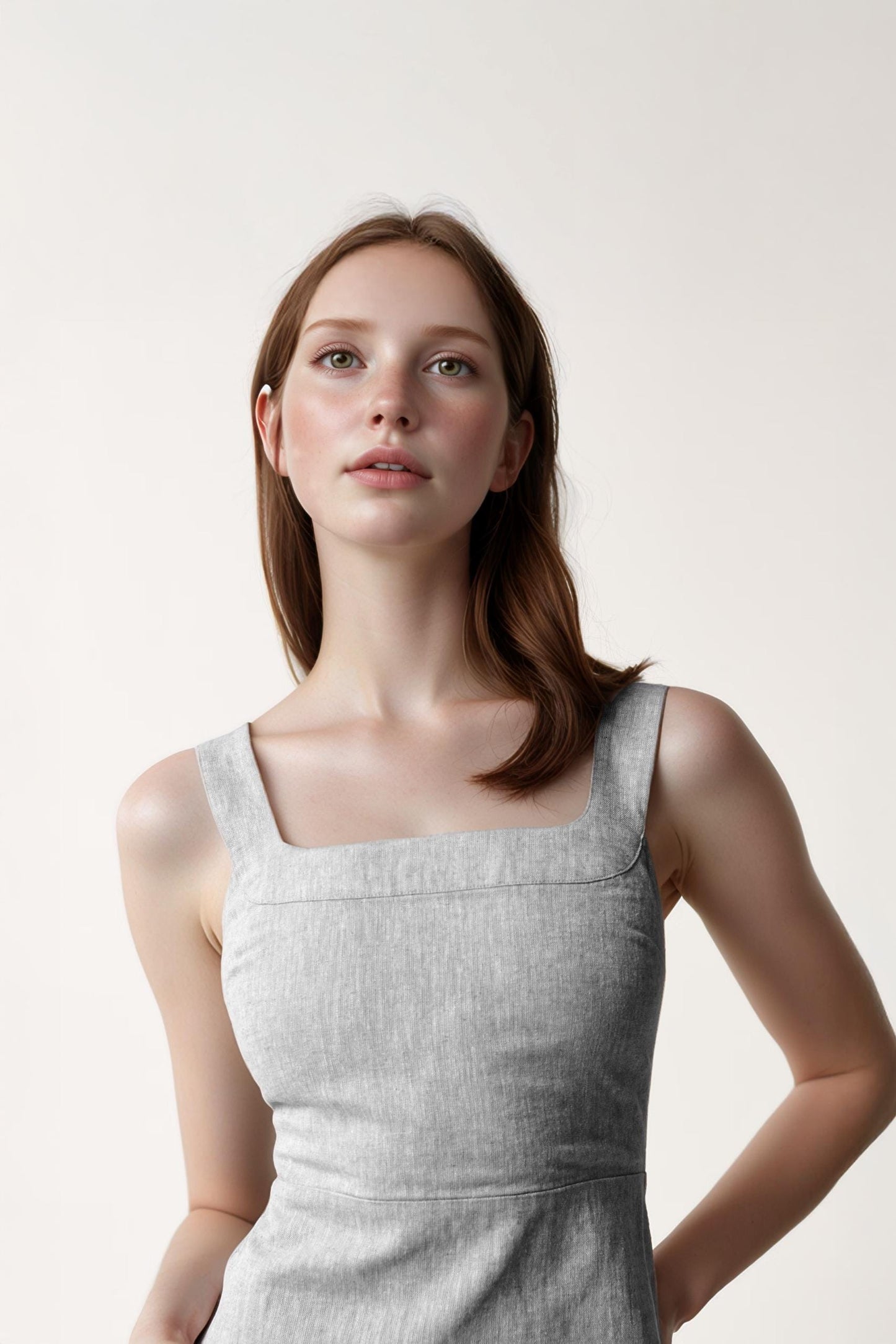 Custom Linen Mini Dress – Elastic Linen Short Dress with Square Neckline, Summer Casual Fit, Made to Order | SKU.25T15T5N