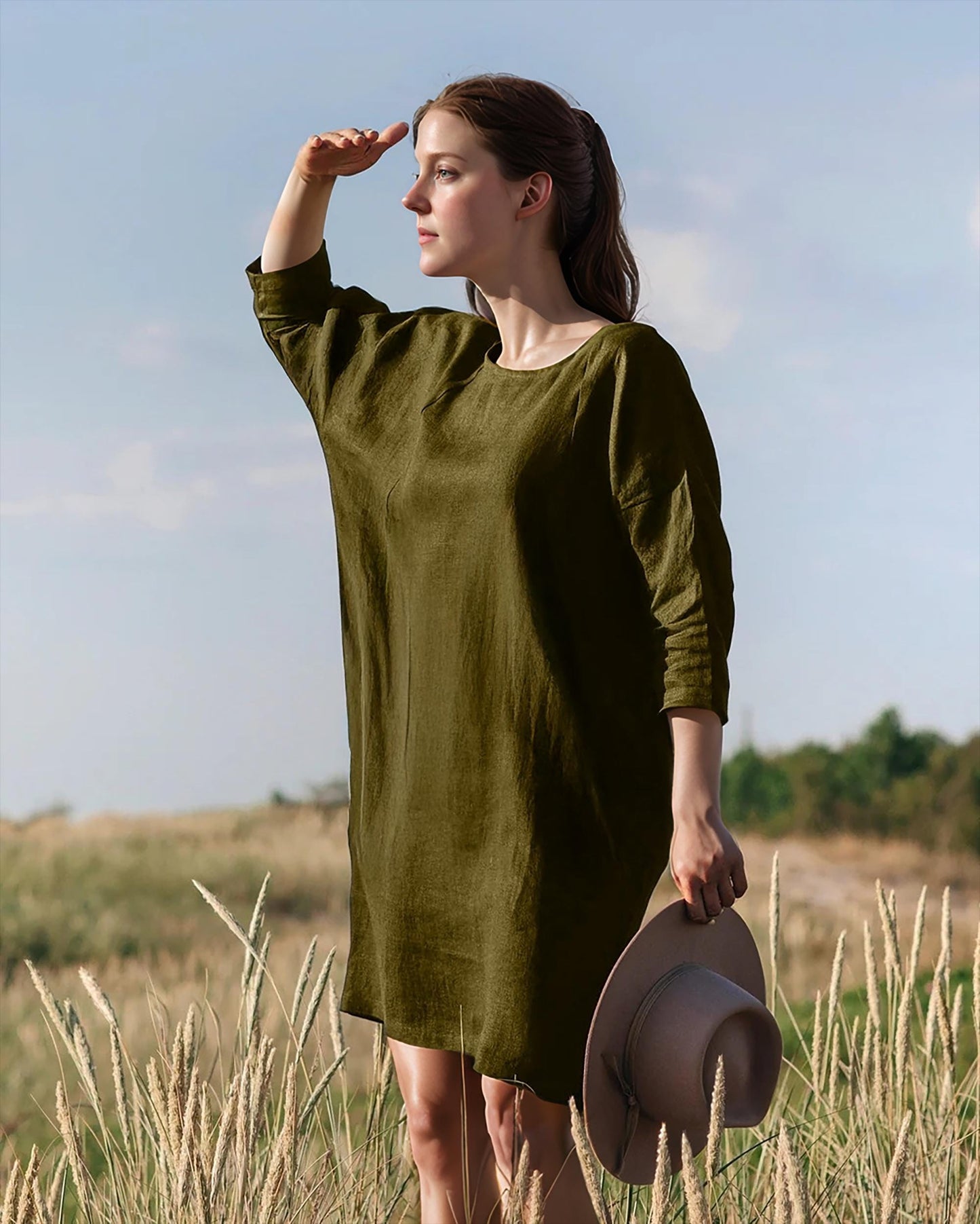 Elegant Green Linen Shift Dress, Long Sleeve Relaxed Fit, Womenâ€™s Boho Fall Dress, Minimalist Casual Dress with Pockets| SKU.25T14T7H