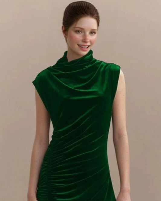 Emerald Green Velvet Midi Dress – Draped Sleeveless Gown with Side Slit | SKU.25T17T6B