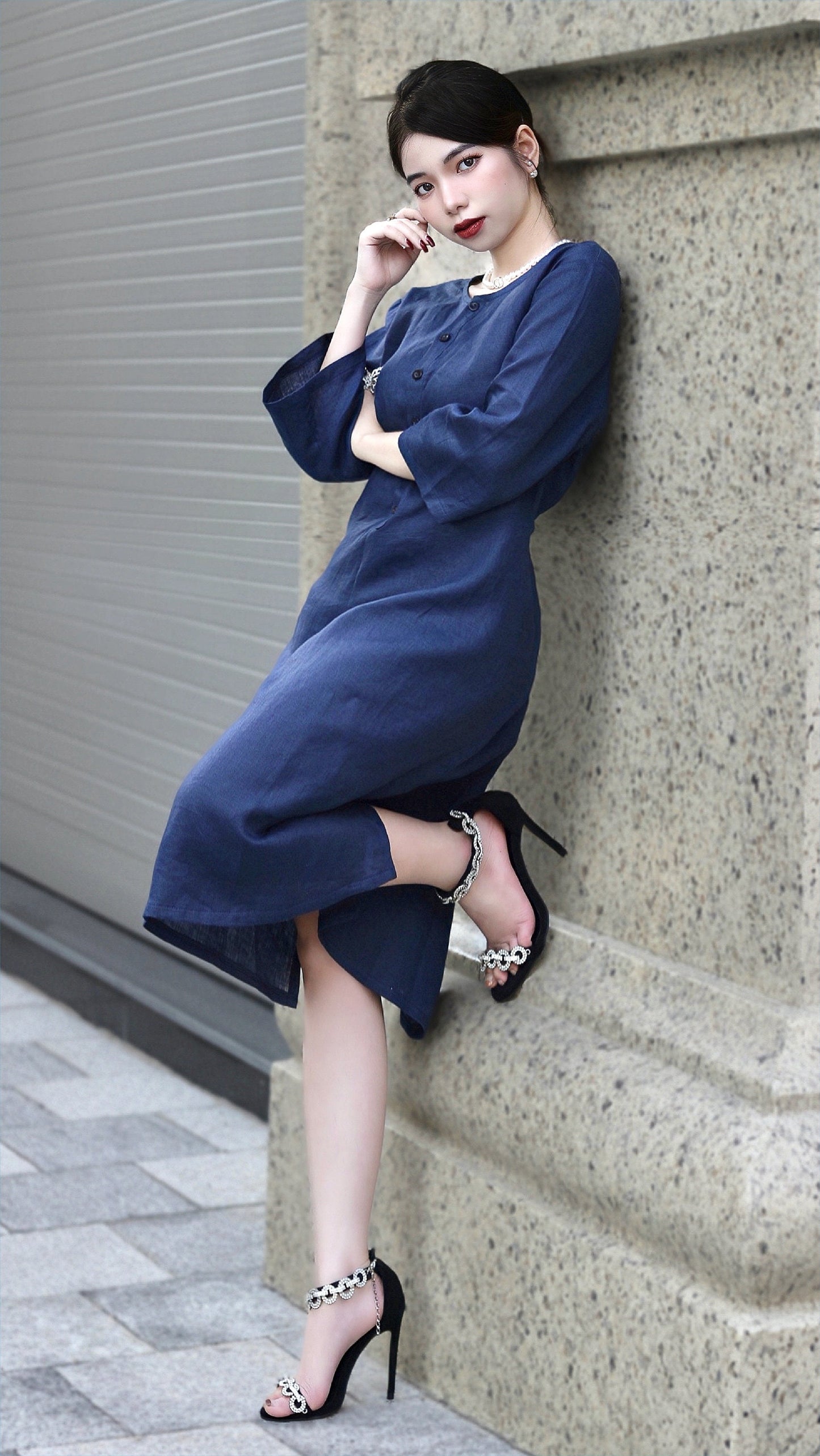 Stylish Linen Midi Dress: 3/4 Sleeves, V-neck, and Customizable Features for Elevated Personalized Fashion | SKU.004