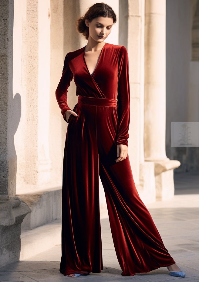 Stylish Red Velvet Wide Leg Jumpsuit | Long Sleeves, Wrap Neck, Self-Tie Belt | Chic Fall & Spring Ensemble | Customizable | Personalizable
