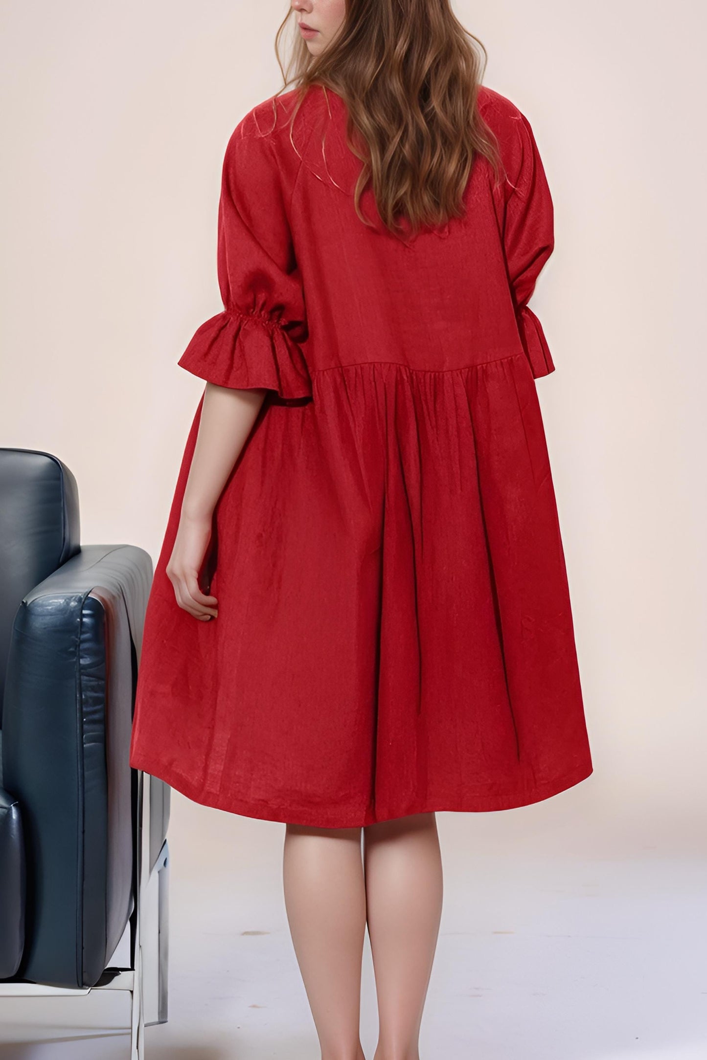 Rust Red Linen Dress – Loose Fit Midi Dress, Long Sleeve Casual Dress, Boho Chic Summer Dress | SKU.25T09T7B
