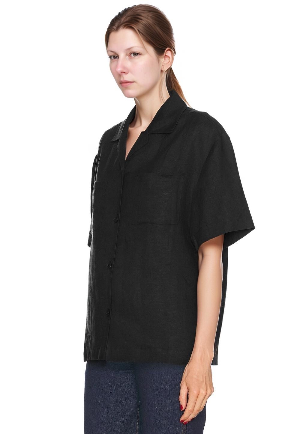 Black Linen Button-Up Shirt - Short Sleeve Collared Top with Chest Pockets, Lightweight Summer Linen Clothing | SKU.25T22T4P
