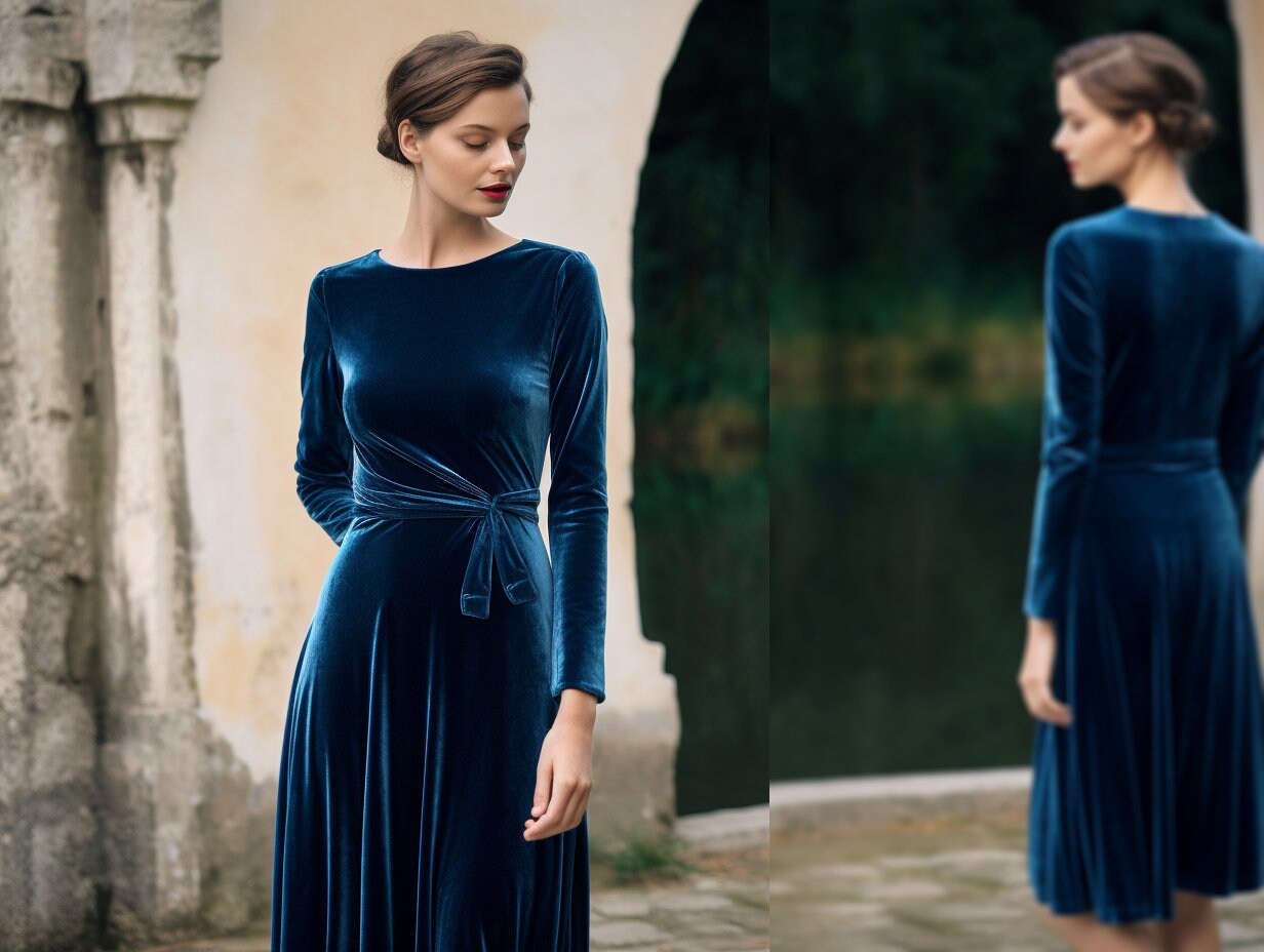 Velvet Midi Dress with Long Sleeves | Versatile Crew Neck Design | Closed Back | Includes Self-Tie Belt | Below Knee Length | Fall Fashion