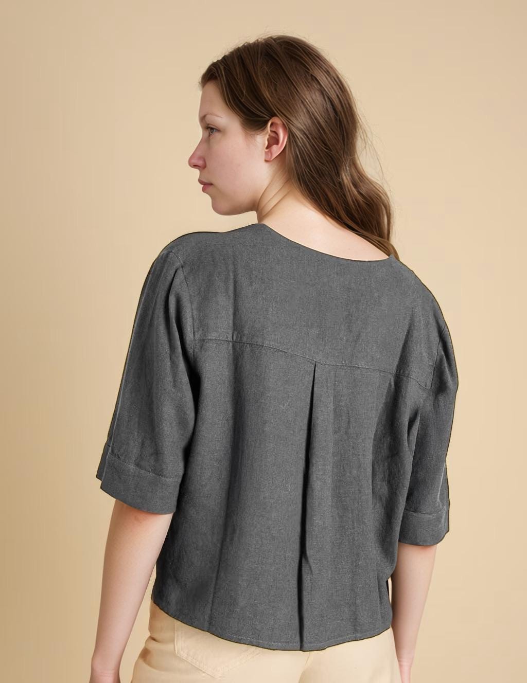 Linen V-Neck Relaxed Shirt - Cropped Boxy Fit, Button Front, Short Sleeve Summer Blouse | SKU.25T22T3Z