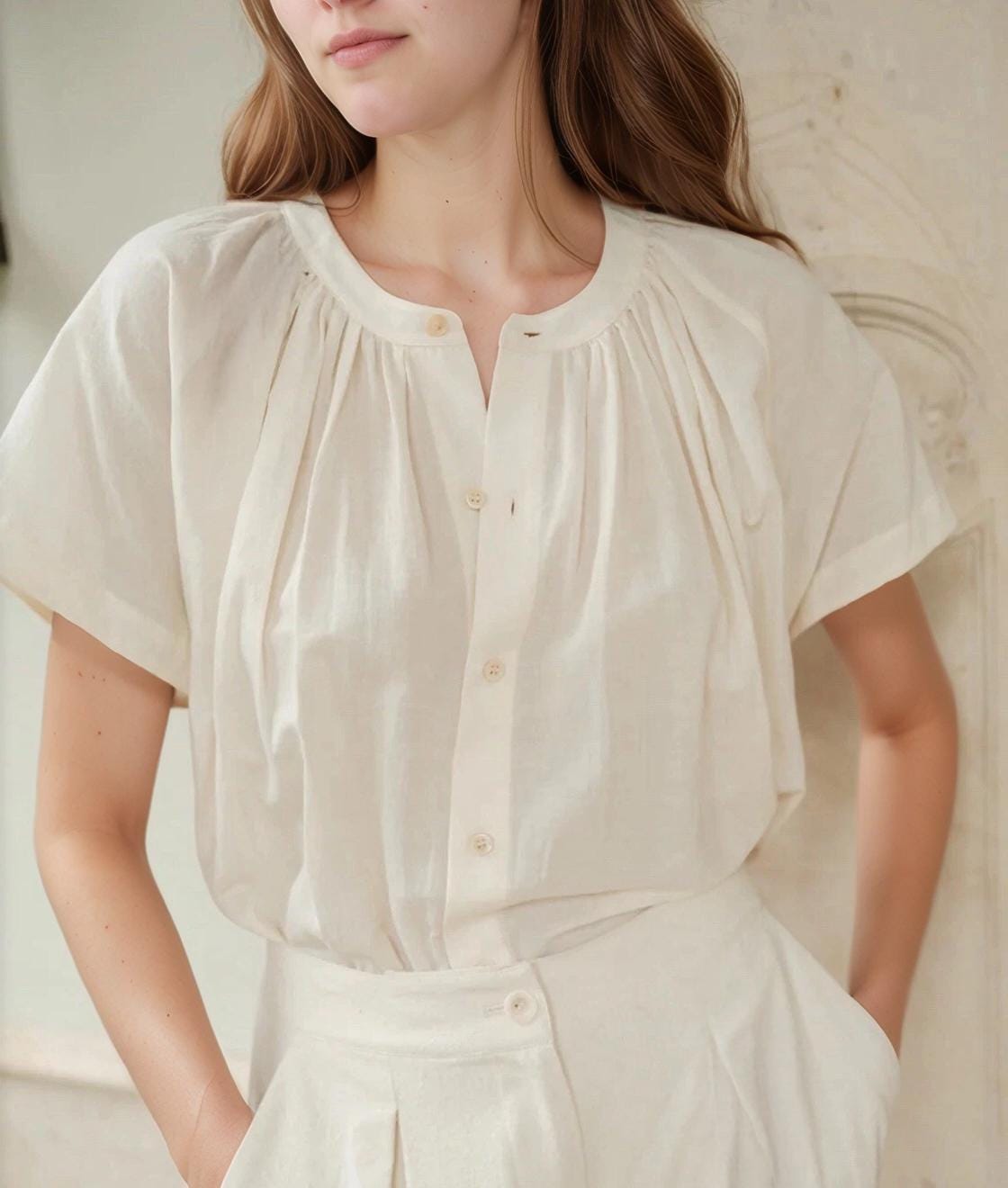 Linen Summer Blouse for Women - Short Sleeve Button Down, Lightweight Loose Fit Shirt, Minimalist Casual Top | SKU.25T22T4K