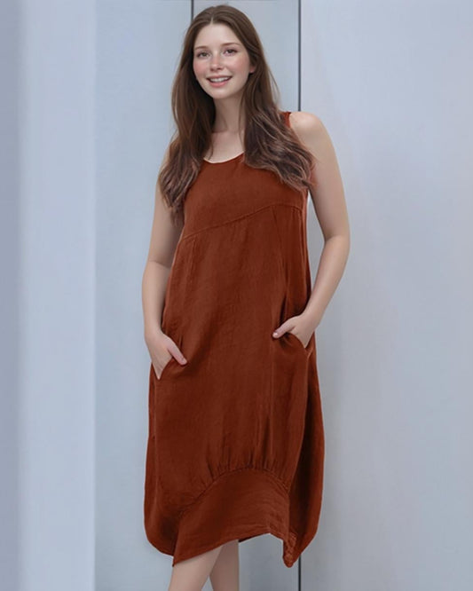 Rust Orange Sleeveless Linen Midi Dress with Pockets - Relaxed Fit | SKU.25T11T7A