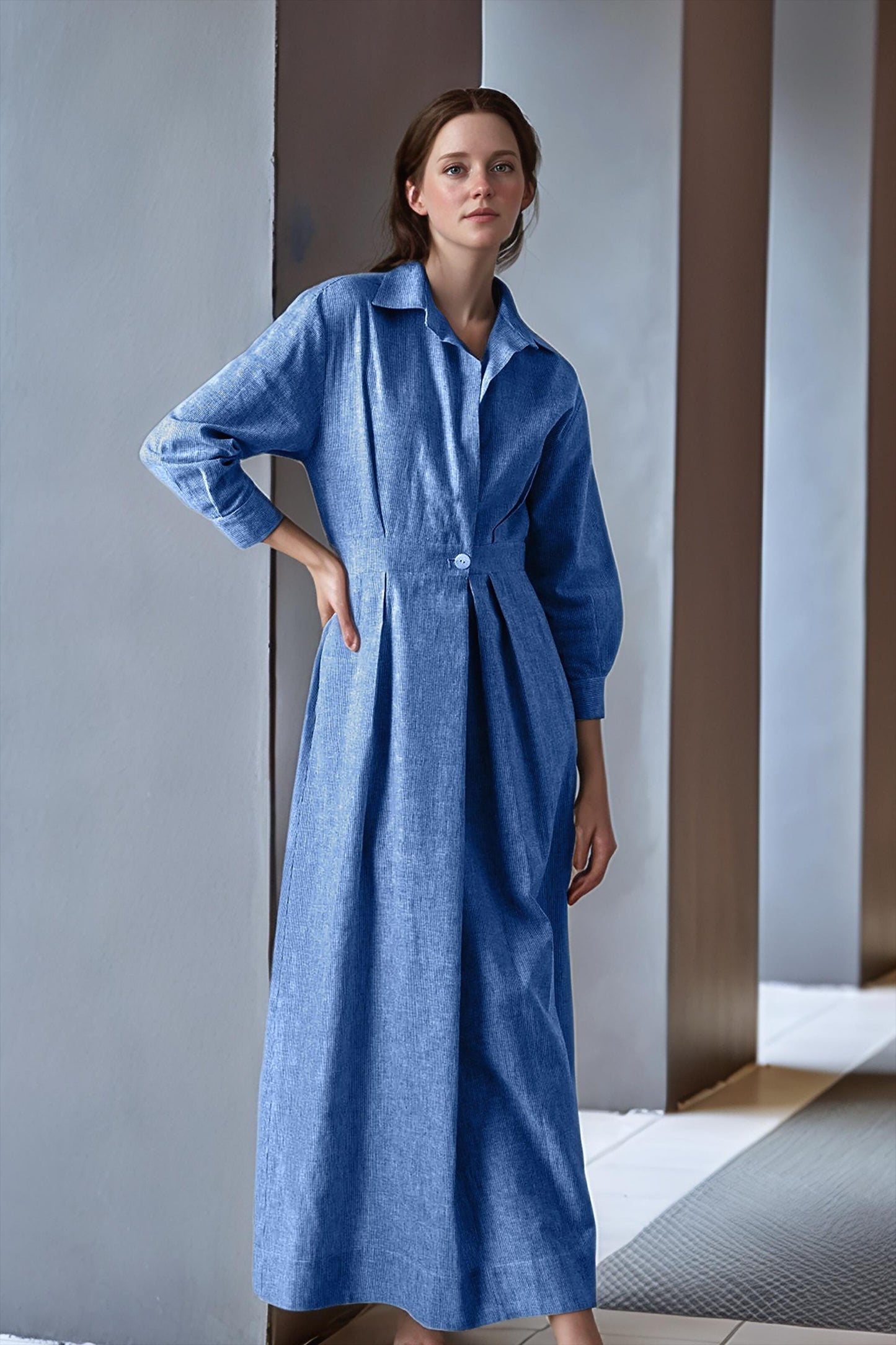 Blue Linen Shirt Dress for Women, Long Sleeve Maxi Dress with Pleated Waist | SKU.25T11T2F
