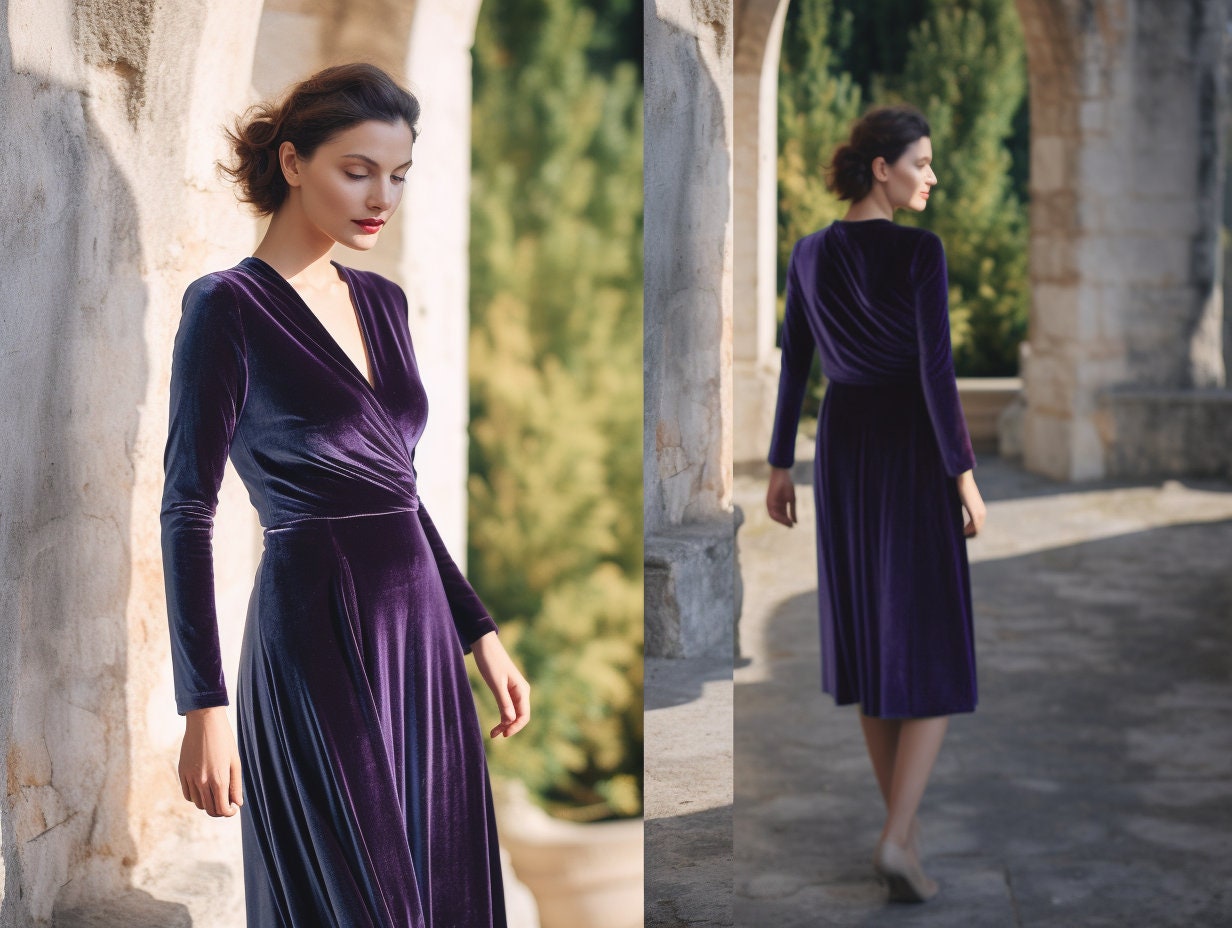 Timeless Elegance: Deep V-Neck Velvet Wrap Dress for Women - Custom Handmade Midi Dress with Long Sleeves and Self-Tie Belt- Personalizable