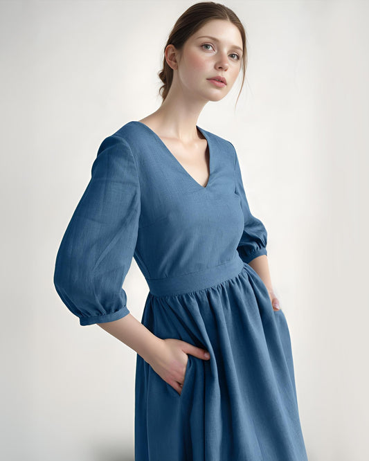 Elegant Blue Linen Midi Dress for Women – V-Neck Puff 3/4 Sleeve A-Line Dress | SKU.25T11T4C