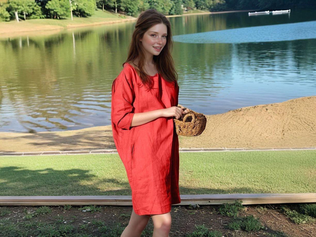 Relaxed Linen Tunic Dress, Loose Fit Summer Dress, Red Linen Shift Dress with Pockets, Casual Vacation Outfit | SKU.25T14T7C