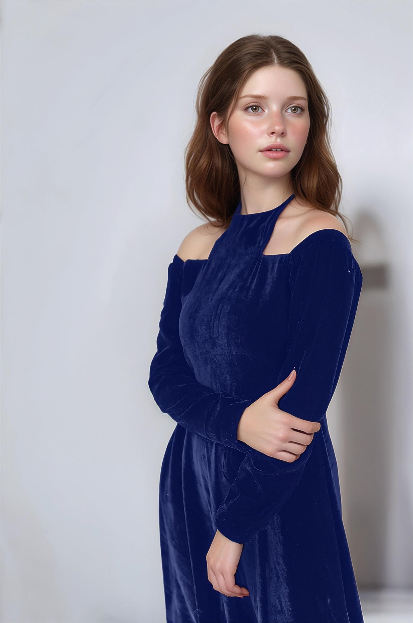Dark Plum Velvet Midi Dress – Off Shoulder Long Sleeve Fit and Flare Party Dress for Women | SKU.24T17T5H