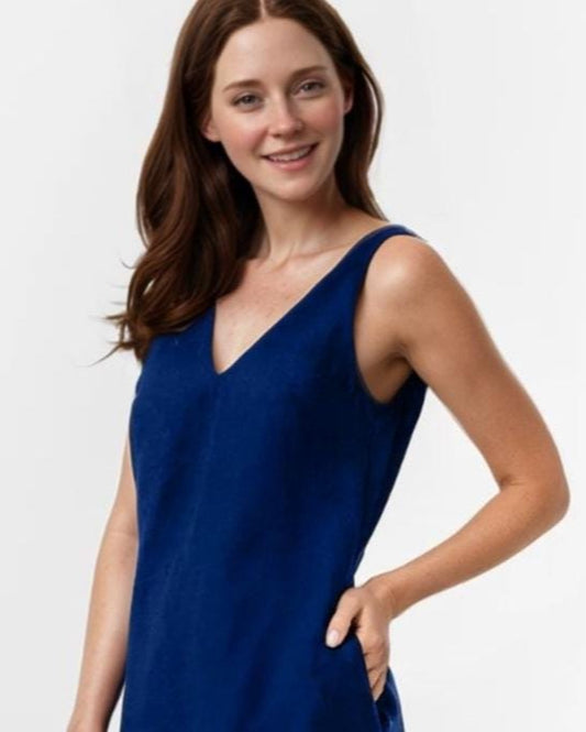 Linen V-Neck Sleeveless Dress, Backless Summer Midi Dress with Pockets, Casual Minimalist Dress, Women' s Lightweight Dress | SKU.25T14T7Y