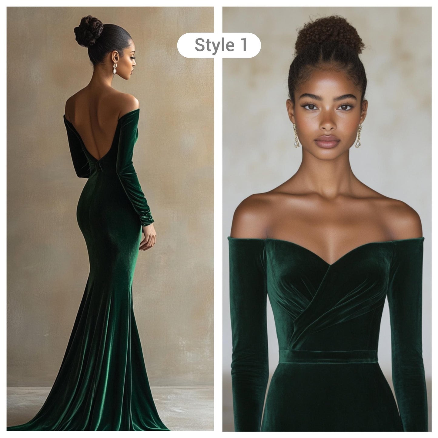 Emerald Green Velvet Evening Gown, Off-Shoulder Custom Tailored Dress, Elegant Long Sleeve Formal Dress for Special Occasions | 241112A