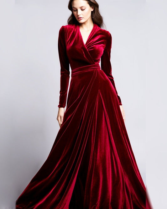 Maroon Velvet Retro Glam Maxi Dress | Bridesmaid Dress | Refined Technique, and Wrap Neck | Vintage Elegance for a Timeless Look