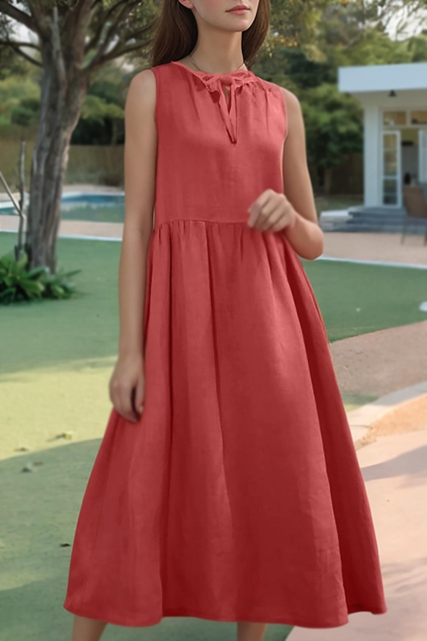 Rust Red Linen Midi Dress | Sleeveless Summer Sundress for Women | SKU.25T11T4B