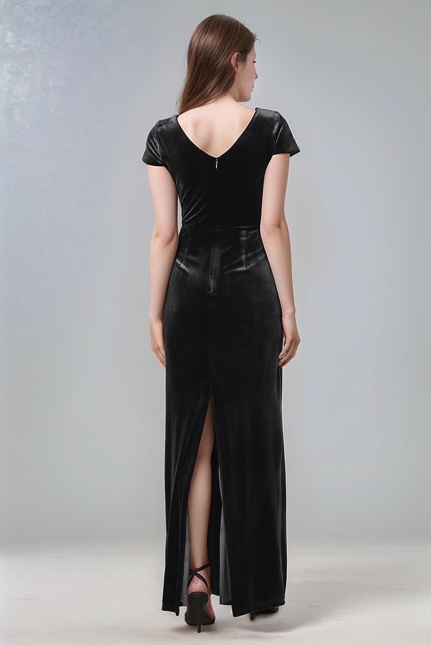Black Velvet V-Neck Maxi Dress – Elegant Evening Gown with Cap Sleeves | SKU.24T17T5I