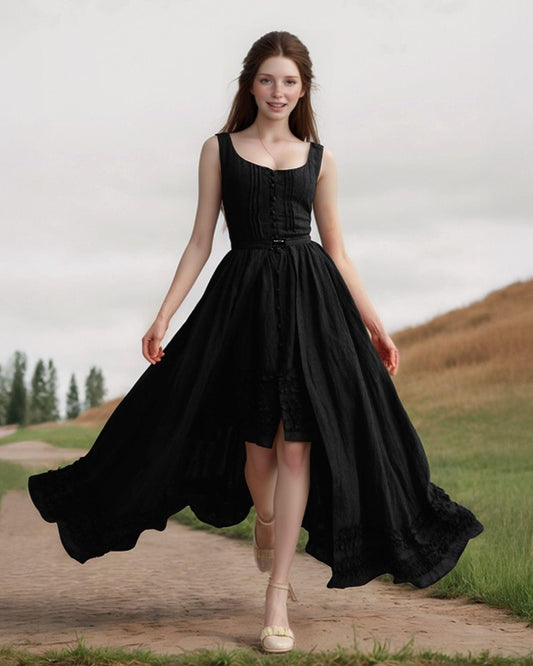 Black Linen Corset Dress - Gothic Vintage High-Low Hem, Sleeveless Elastic Linen Midi Dress with Ruffles | SKU.25T14T6C