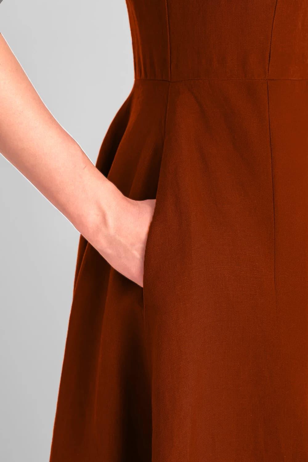 Rust Linen Midi Dress with Flutter Sleeves – Button Front Summer Dress for Women | SKU.25T10T2A
