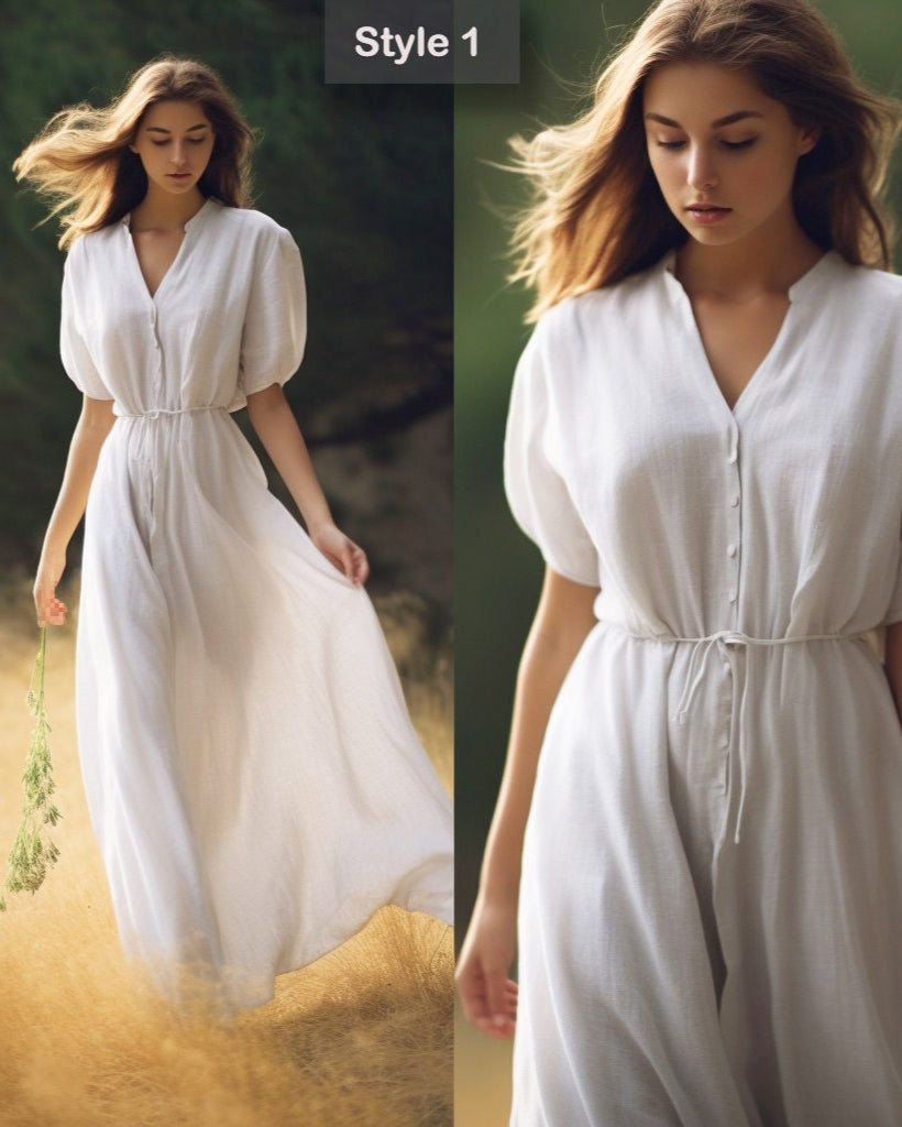 V Neck Linen Shirtdress | Loose Fit & Breathable | Stylish Summer Attire | Linen Dress - Ideal for Mother's Day - Gift for Her | 230809A