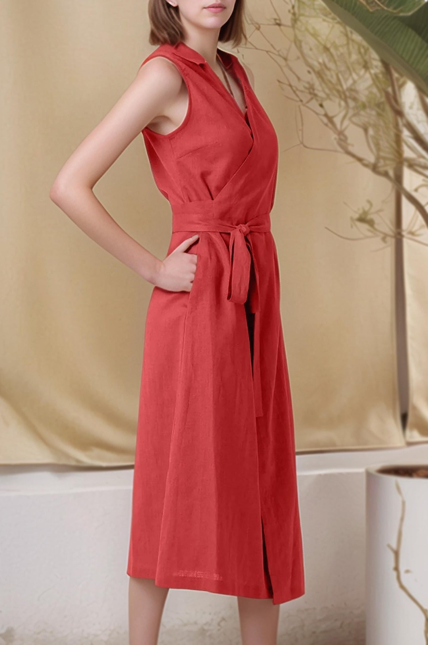 Red Linen Wrap Dress – Sleeveless Summer Midi Dress with Tie Waist | SKU.25T11T3B