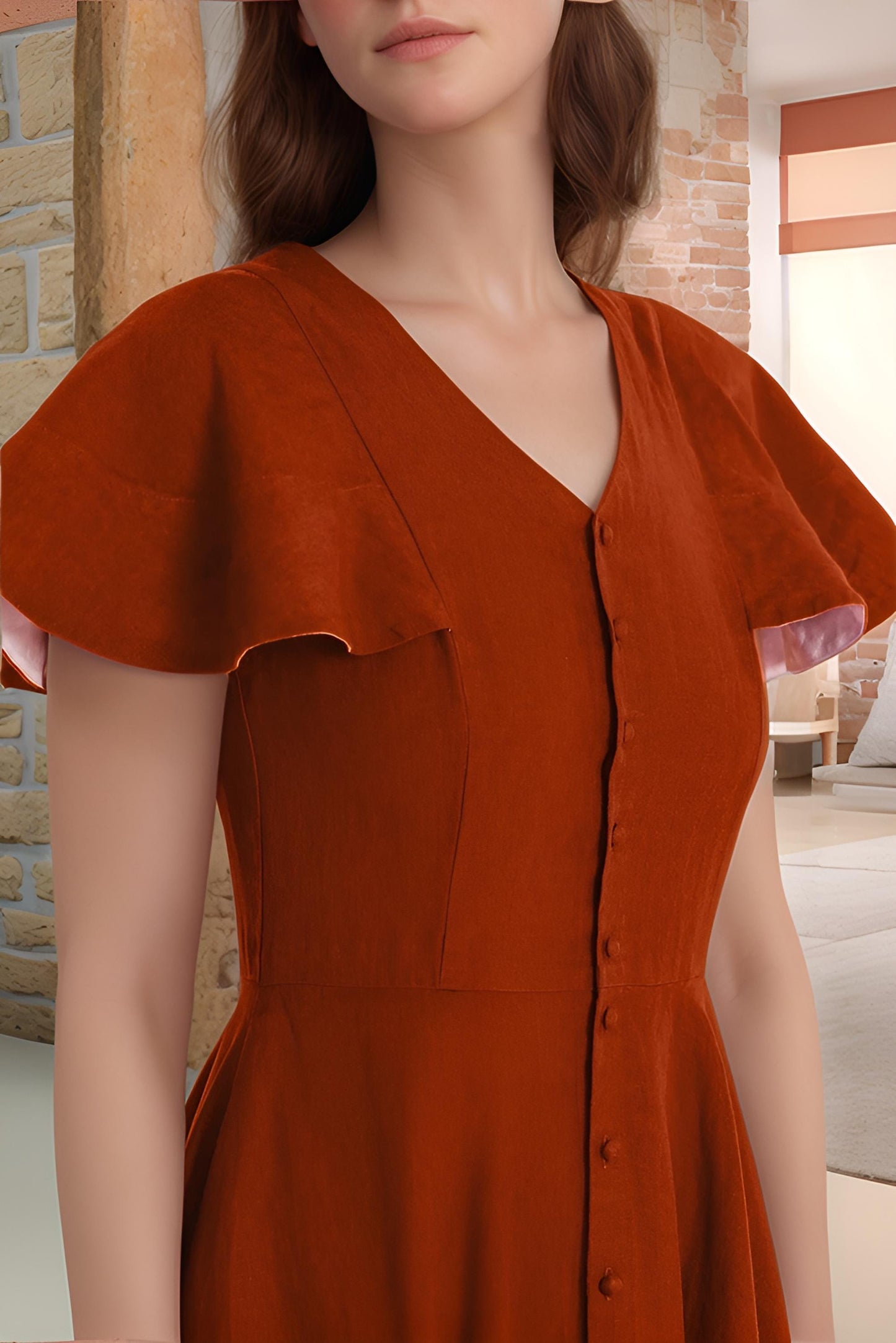 Rust Linen Midi Dress with Flutter Sleeves – Button Front Summer Dress for Women | SKU.25T10T2A