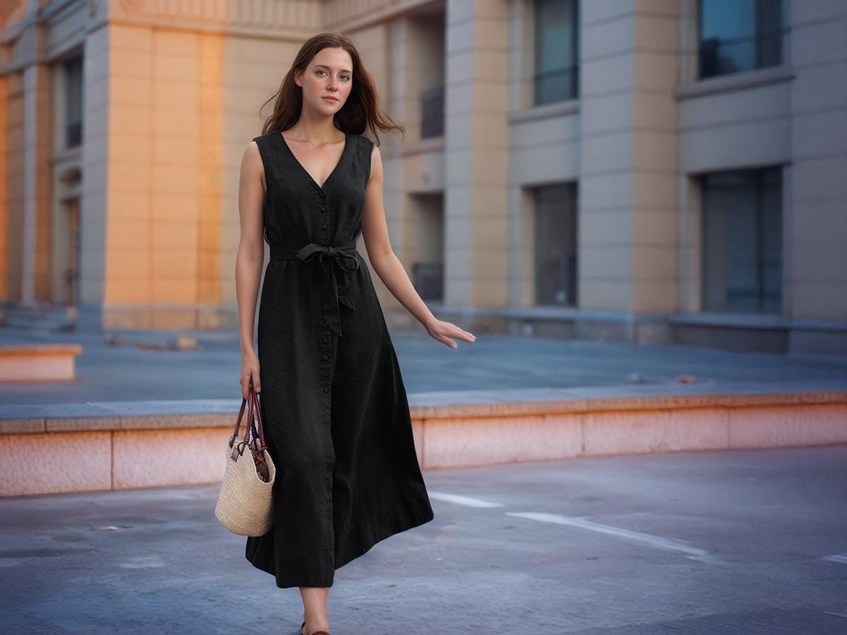 Sleeveless Black Linen Maxi Dress, V-Neck Button Front, Waist Tie, Summer Boho Chic, Custom Fit, Elegant Casual Dress | SKU.25T14T7K