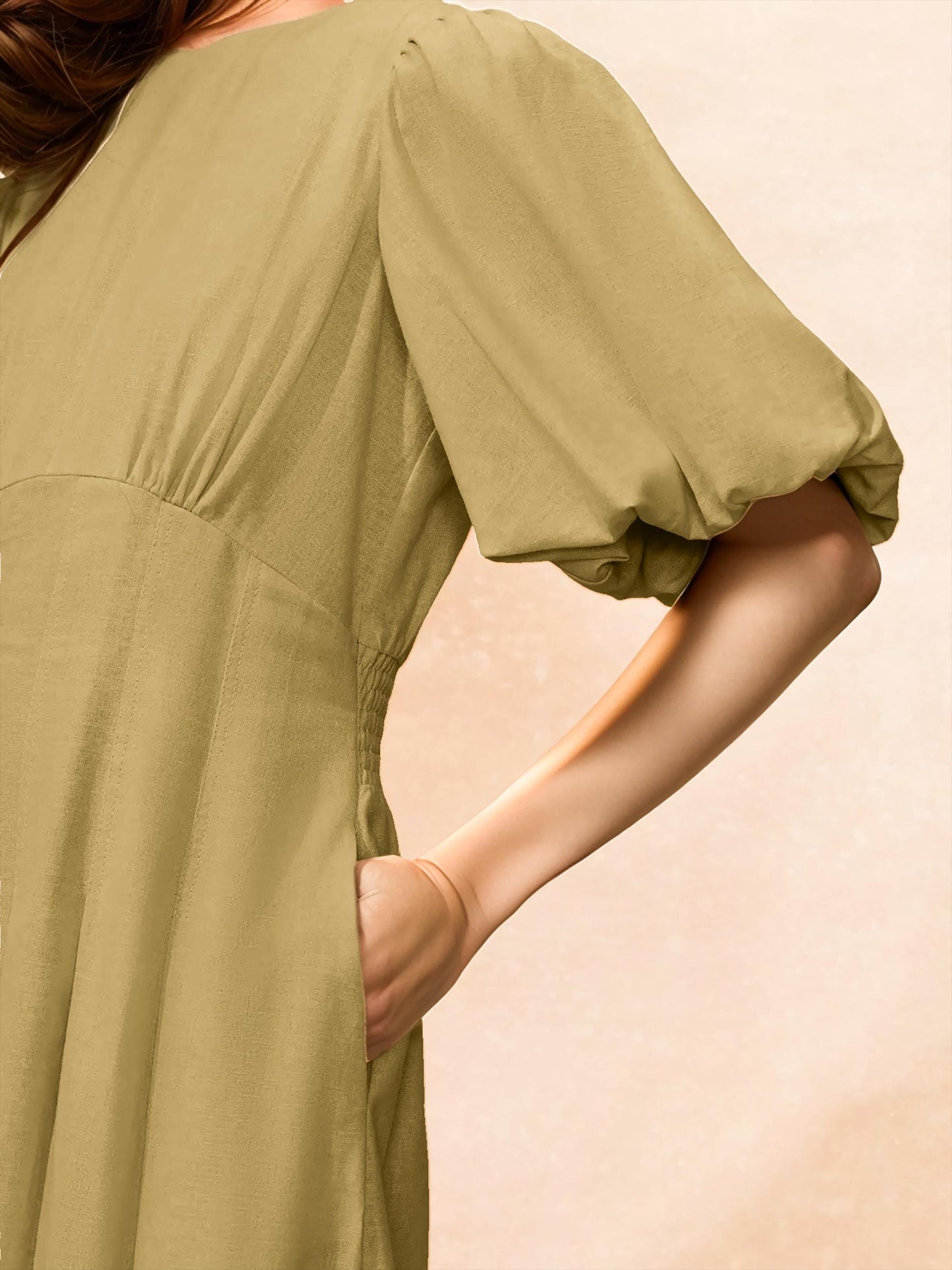 Elegant Olive Elastic Linen Puff Sleeve Maxi Dress – Square Neck, Flowy A-Line, Custom Fit, Summer Boho Chic | SKU.25T15T4A