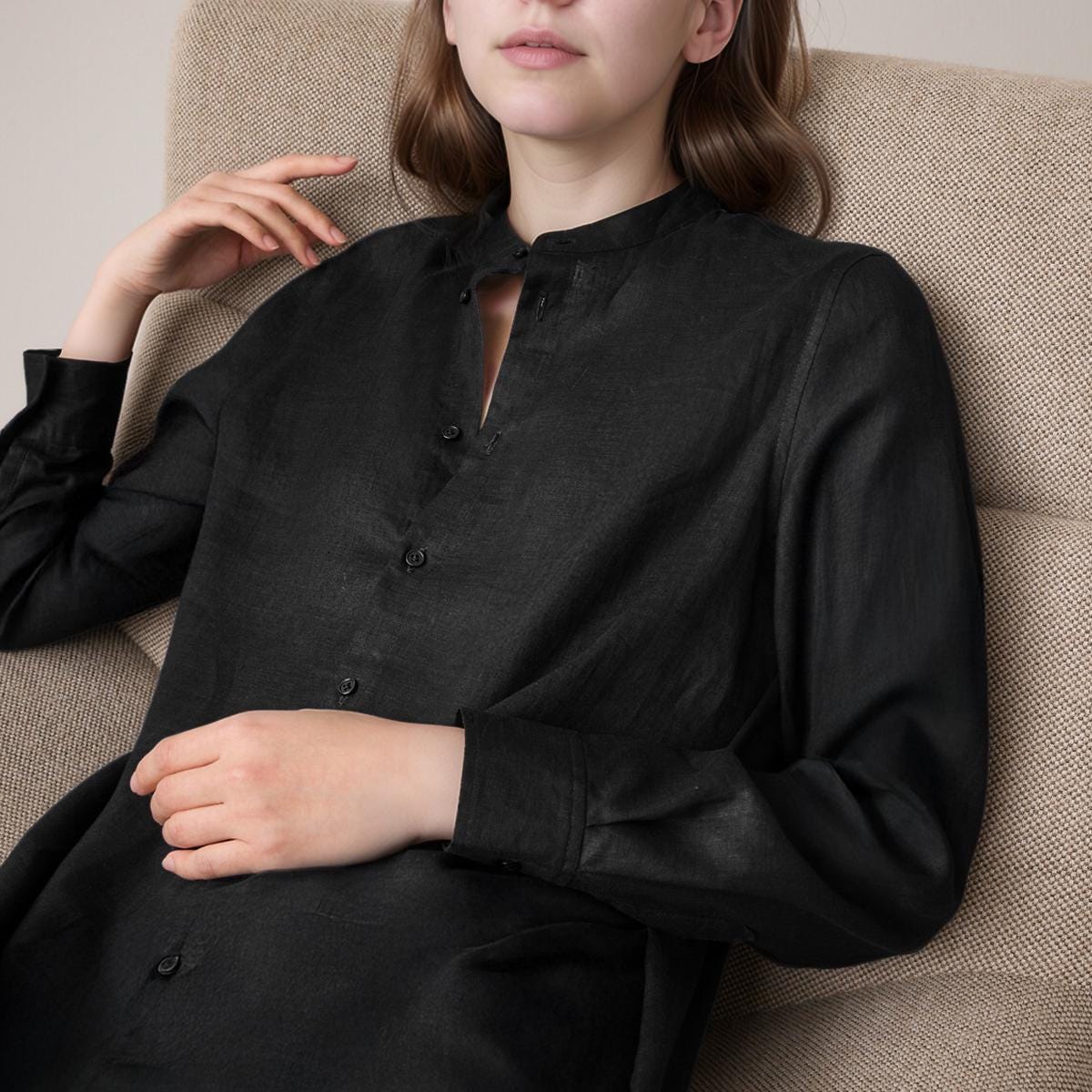 Linen Shirt Dress for Women, Long Sleeve Button Down Dress, Mandarin Collar Casual Dress, Loose Fit Linen Dress | SKU.25T15T3E