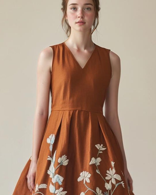Boho Embroidered Linen Flowy Dress - Intricate Sharp Floral Embroidery, Vintage Inspired, Customizable Summer Midi Dress | SKU.25T20T3K