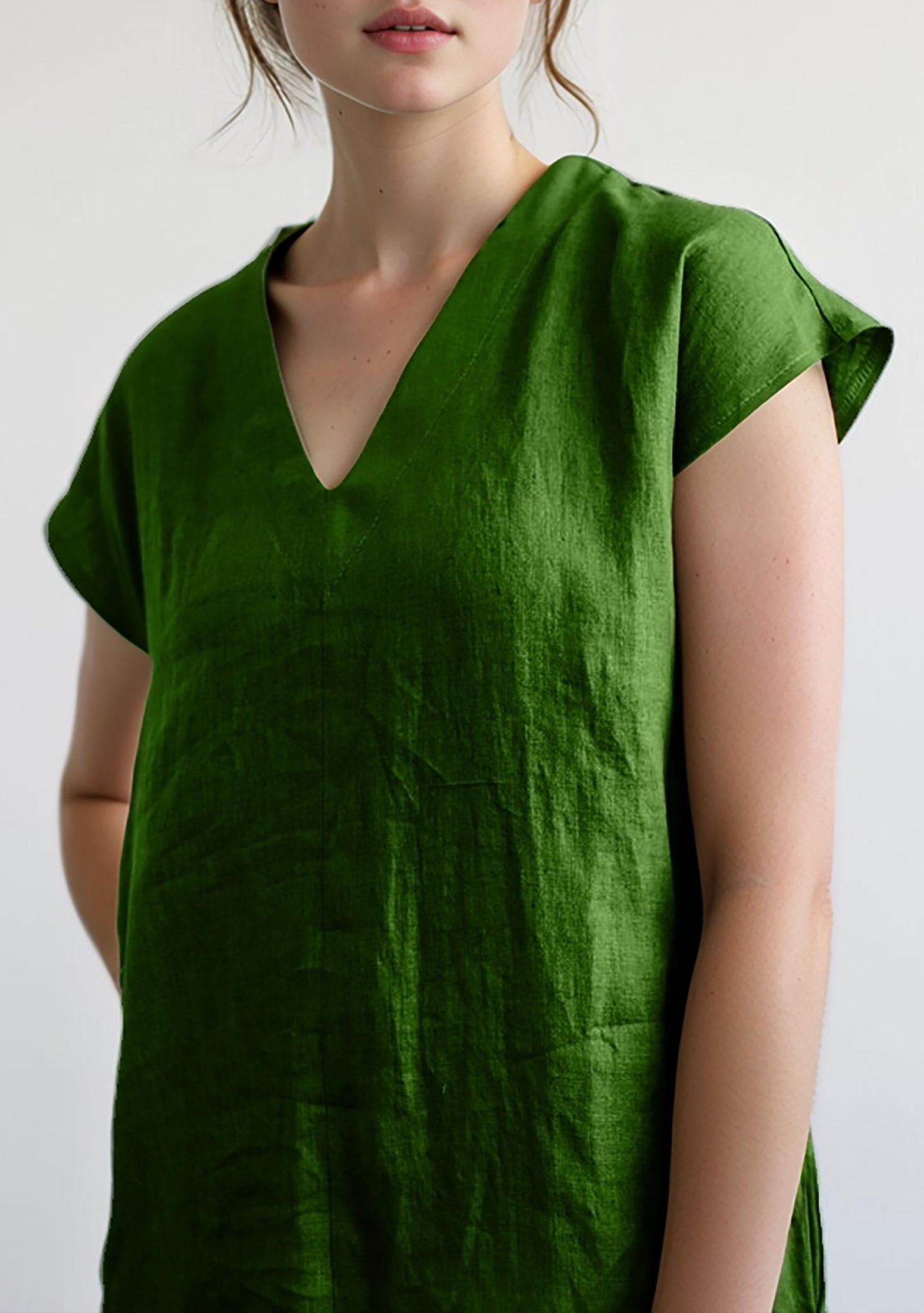 Custom V-Neck Linen Blend Shift Dress - Relaxed Summer Style with Pockets and Side Slit | SKU.25T14T3N