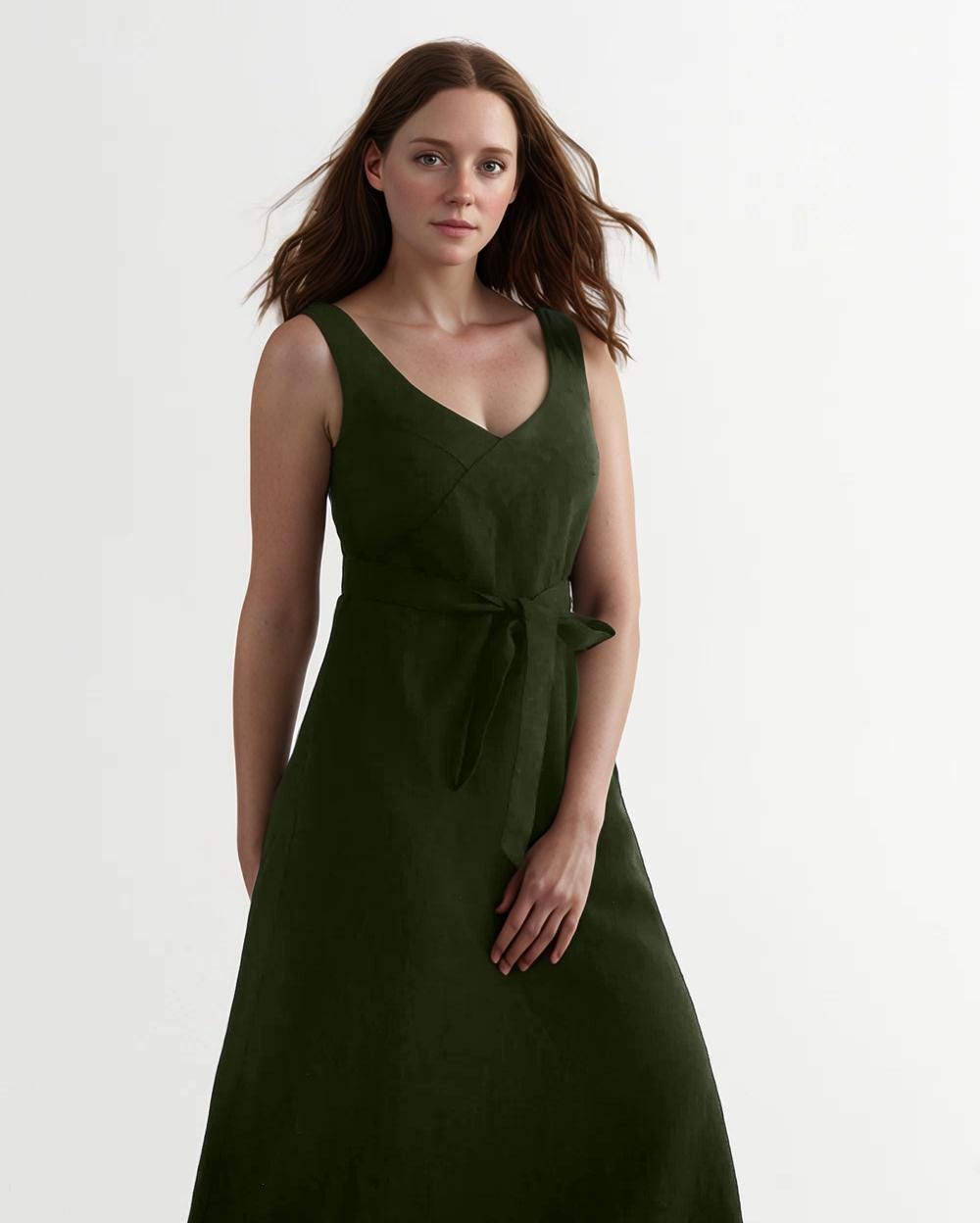 Linen Maxi Dress, Sleeveless Summer Dress, V-Neck Long Dress with Waist Tie, Elegant Flowy Women's Outfit | SKU.25T14T7M