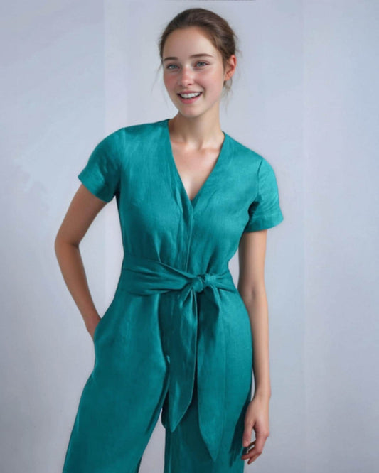 Teal V-Neck Jumpsuit – Elegant Wide-Leg One-Piece with Waist Tie for Effortless Style | SKU.25T11T7I