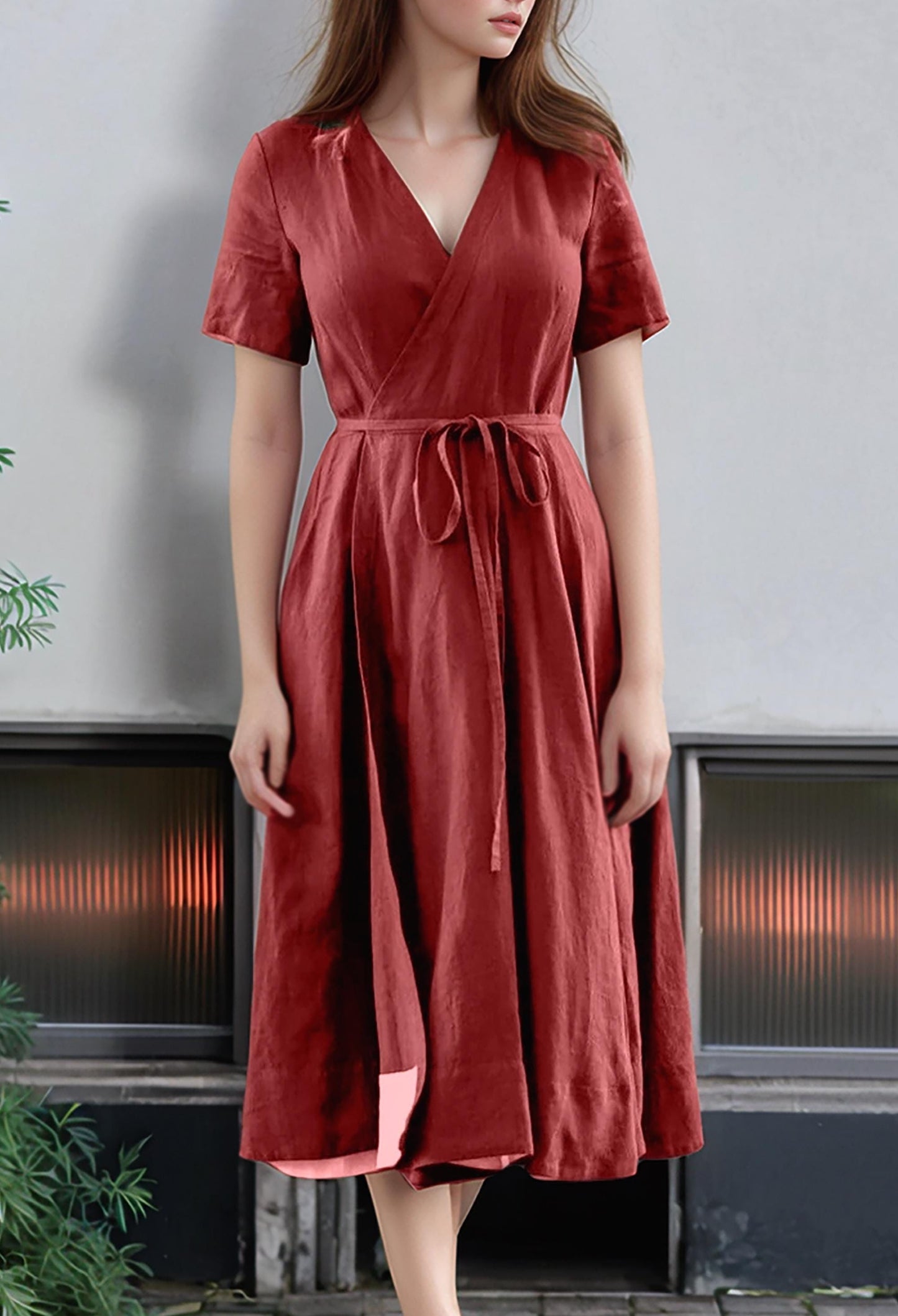 Rust Red Linen Wrap Dress – Short Sleeve Midi Dress with Belt for Effortless Elegance | SKU.25T11T5D
