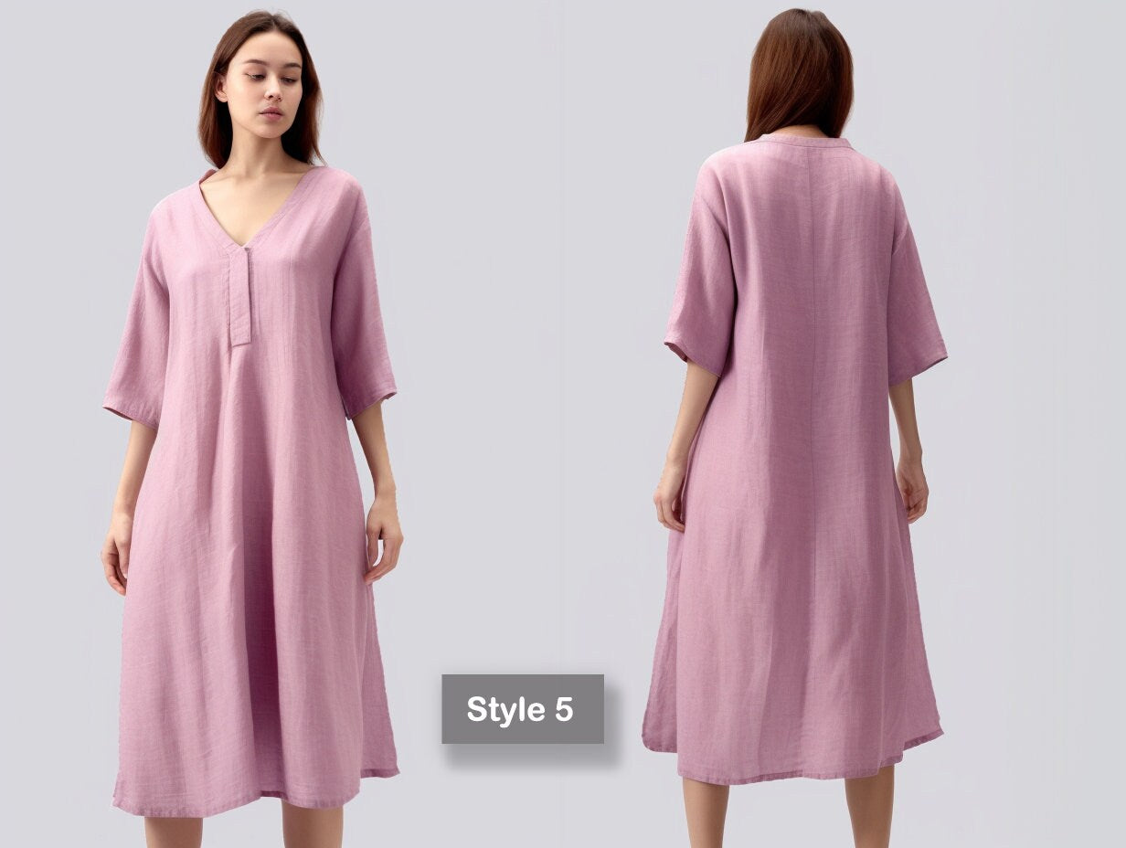V Neck Linen Dress | Loose Fit & Breathable | Stylish Summer Dress | 3/4 Sleeve Linen Dress - Mothers Day Gift - Gift for Her | 230506B