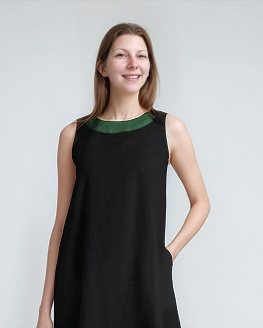 Black Linen Sleeveless Dress – High Low Hem A-Line Dress with Green Trim | SKU.25T11T3E