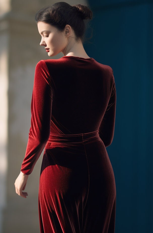 Stylish Red Velvet Wide Leg Jumpsuit | Long Sleeves, Wrap Neck, Self-Tie Belt | Chic Fall & Spring Ensemble | Customizable | Personalizable