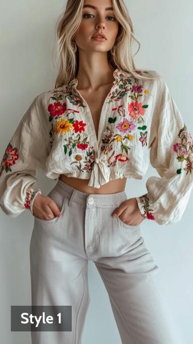 Floral Embroidered Blouse, European Chic Linen Top, Neo-Classical Boho Beige Blouse with a Touch of Allure | 241026C
