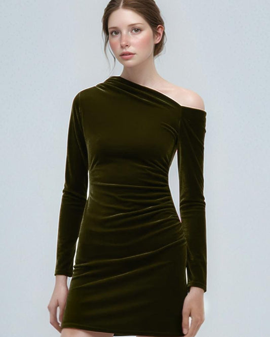 One Shoulder Velvet Mini Dress – Olive Green Bodycon Dress with Long Sleeves for Party & Night Out | SKU.25T17T6F