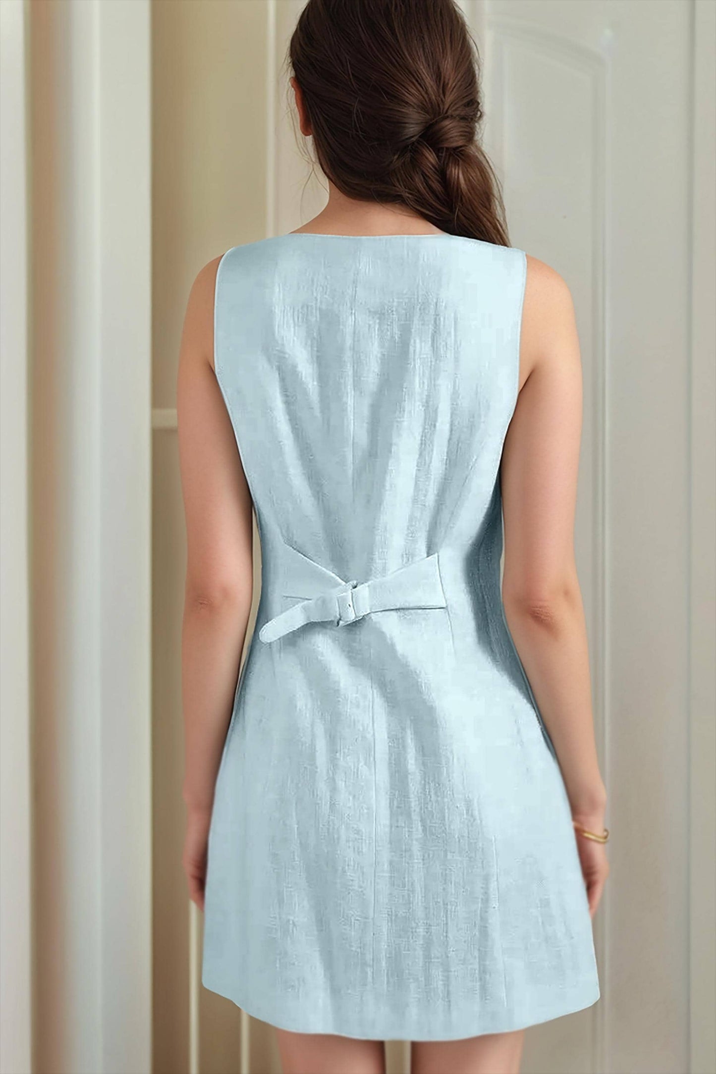 Sleeveless Linen Button-Down Mini Dress – Summer Casual A-Line Dress| SKU.25T11T7C