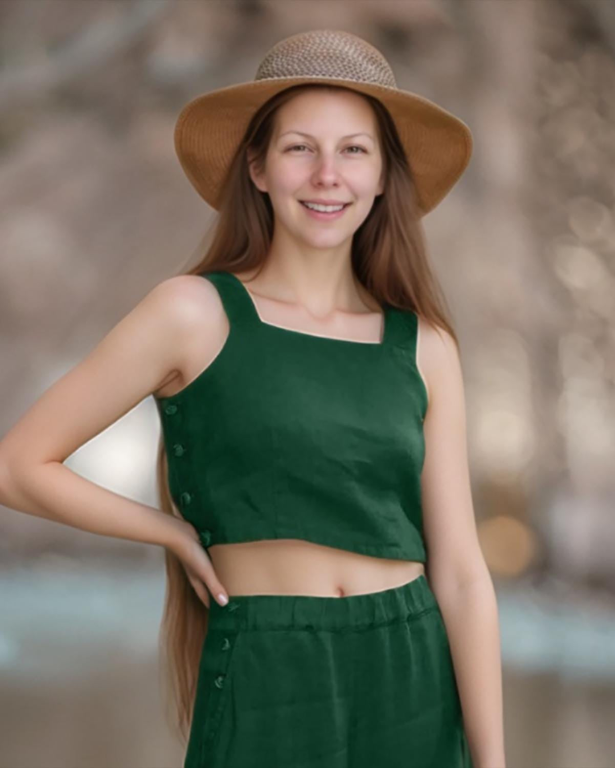 Linen Two Piece Set Women | Summer Wide Leg Pants and Crop Top Set | Sleeveless Green Linen Outfit | SKU.25T11T4E