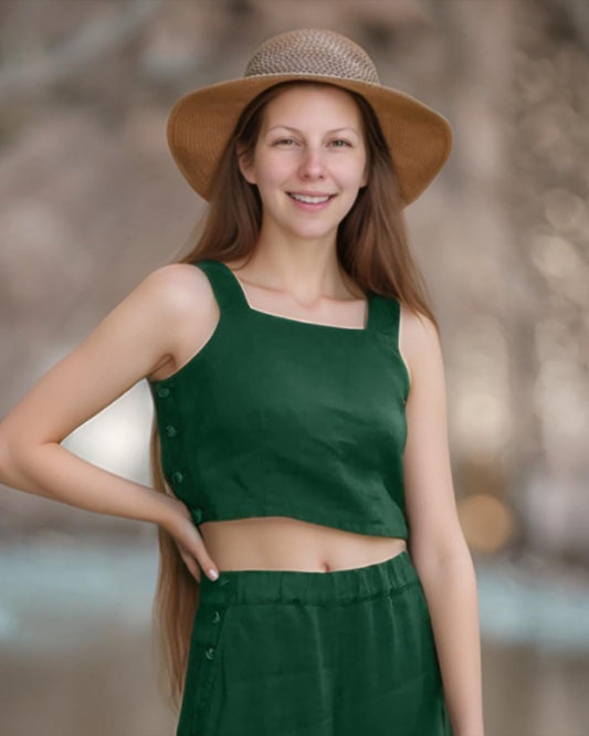 Linen Two Piece Set Women | Summer Wide Leg Pants and Crop Top Set | Sleeveless Green Linen Outfit | SKU.25T11T4E