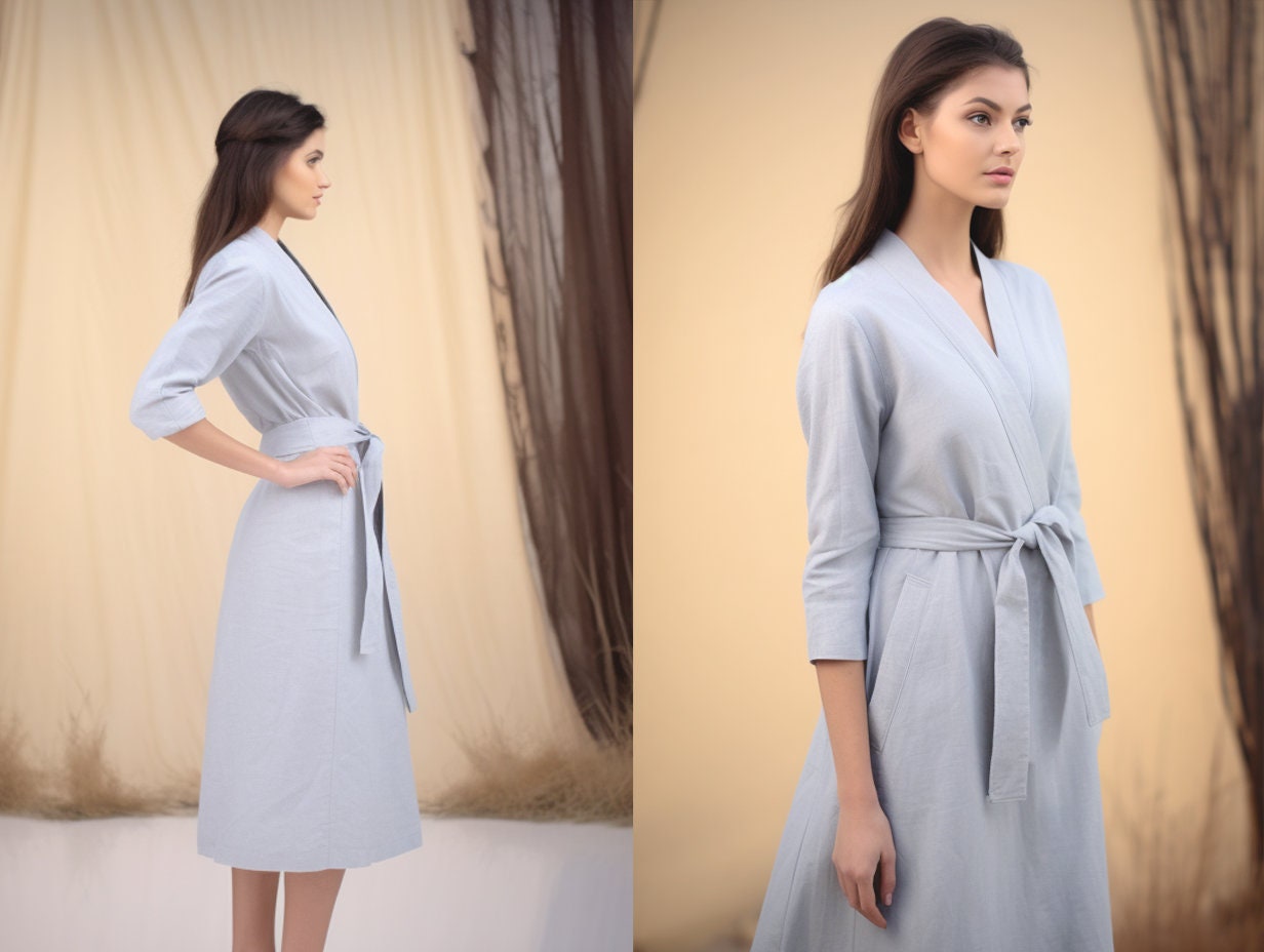 Stylish Women's Linen Wrap Dress | 3/4 Sleeves, True Wrap Closure | Side Seam Pockets | Below Knee Length | Customizable | 230919A