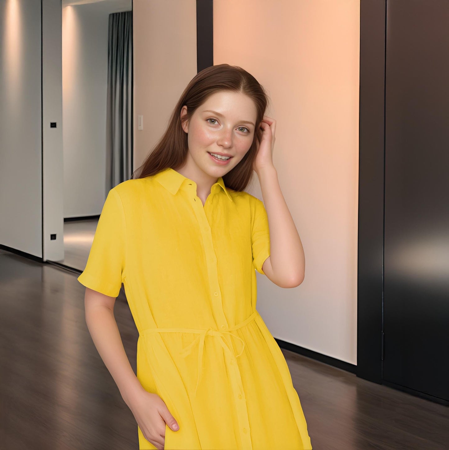 Yellow Linen Midi Dress – Short Sleeve Summer Dress with Waist Tie, Casual Loose Fit Tunic | SKU.25T09T7E