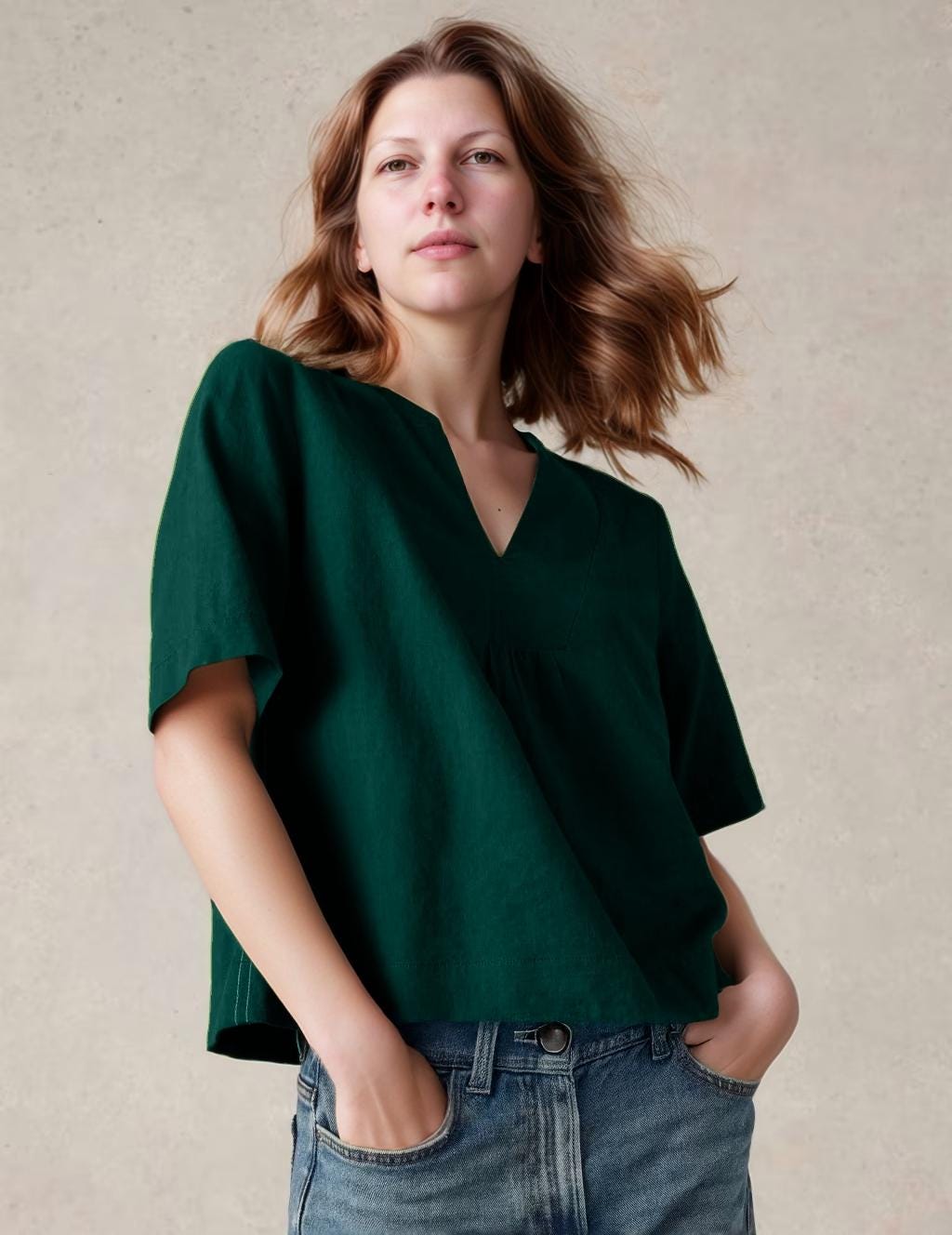 Linen V-Neck Boxy Top - Relaxed Fit Summer Shirt with Short Sleeves and Band Collar | SKU.25T22T3N